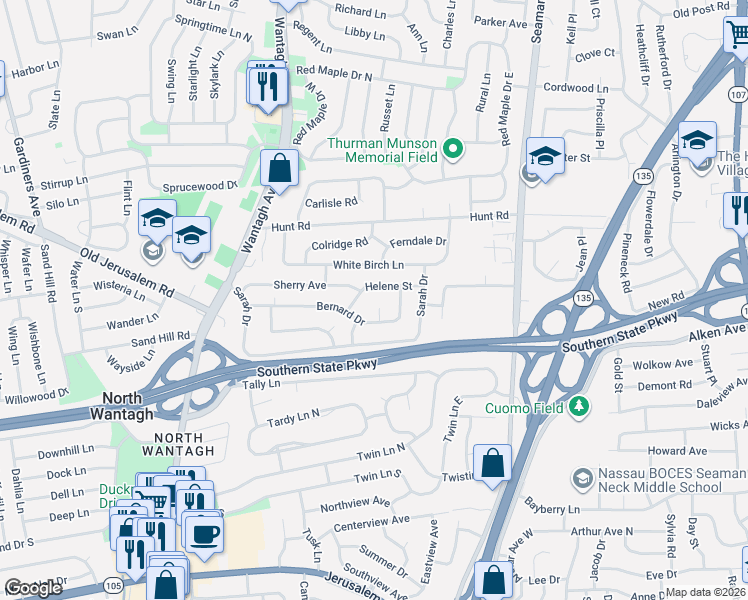 map of restaurants, bars, coffee shops, grocery stores, and more near 3723 Sandra Court in Wantagh