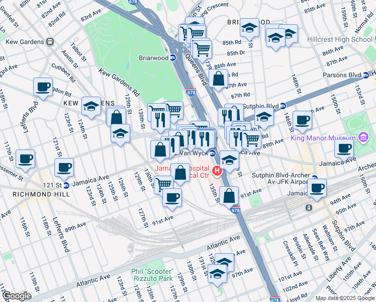 map of restaurants, bars, coffee shops, grocery stores, and more near 132-40 Metropolitan Avenue in Queens