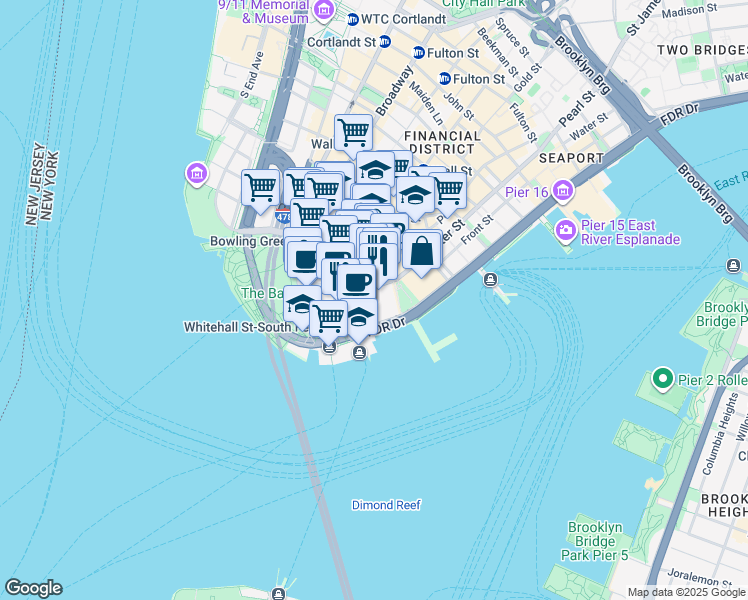 map of restaurants, bars, coffee shops, grocery stores, and more near 22 Water Street in New York