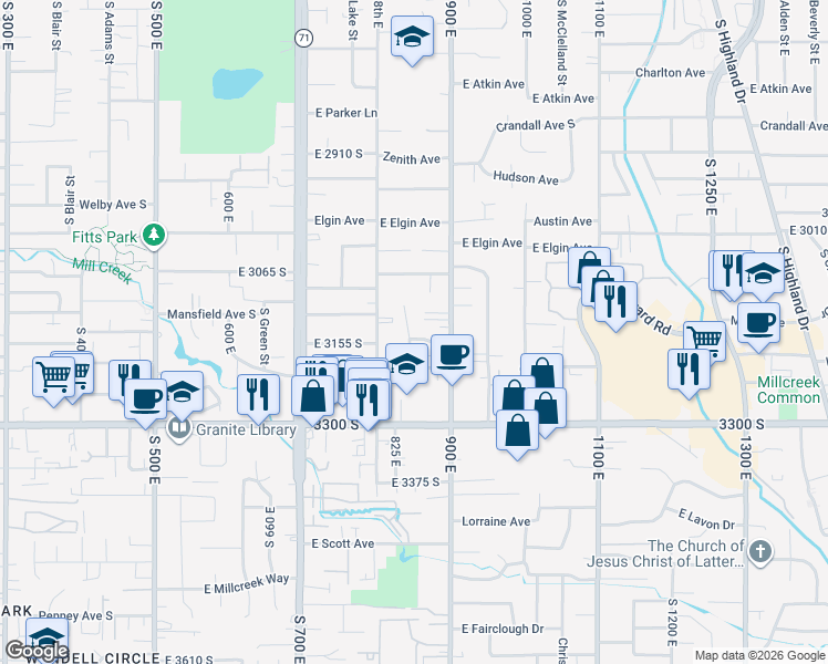 map of restaurants, bars, coffee shops, grocery stores, and more near 3147 South Dorie Street in Millcreek