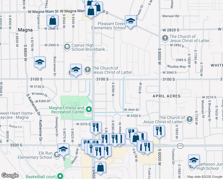 map of restaurants, bars, coffee shops, grocery stores, and more near 3170 South Breeze Drive in Magna