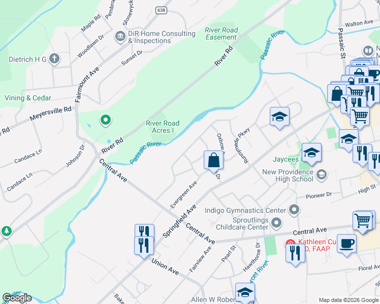 map of restaurants, bars, coffee shops, grocery stores, and more near 374 Charnwood Road in New Providence