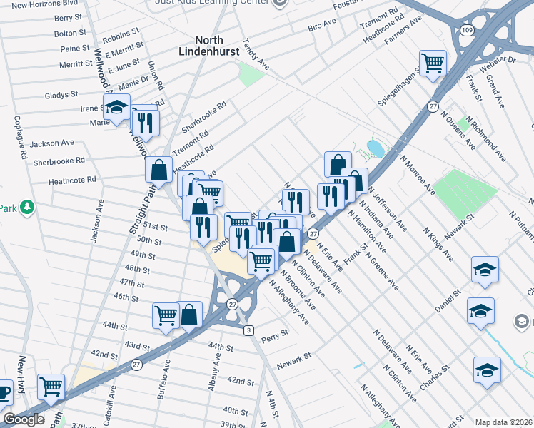 map of restaurants, bars, coffee shops, grocery stores, and more near 950 North Delaware Avenue in Lindenhurst