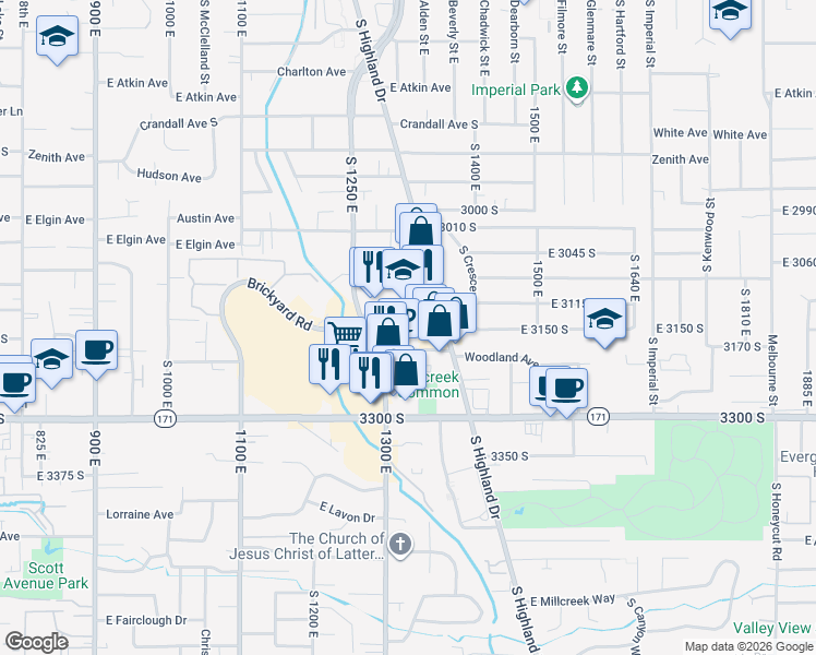 map of restaurants, bars, coffee shops, grocery stores, and more near 1350 Miller Avenue in Millcreek