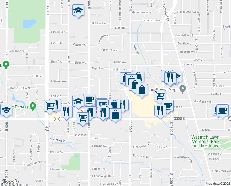map of restaurants, bars, coffee shops, grocery stores, and more near 3151 South 1000 East in Millcreek
