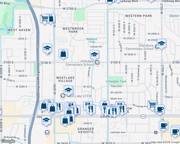 map of restaurants, bars, coffee shops, grocery stores, and more near 3179 Jason Place in West Valley City