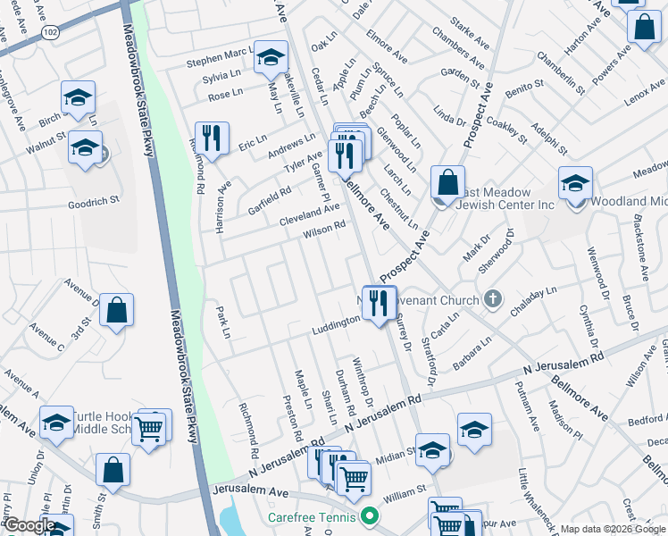 map of restaurants, bars, coffee shops, grocery stores, and more near 750 Fillmore Road in East Meadow