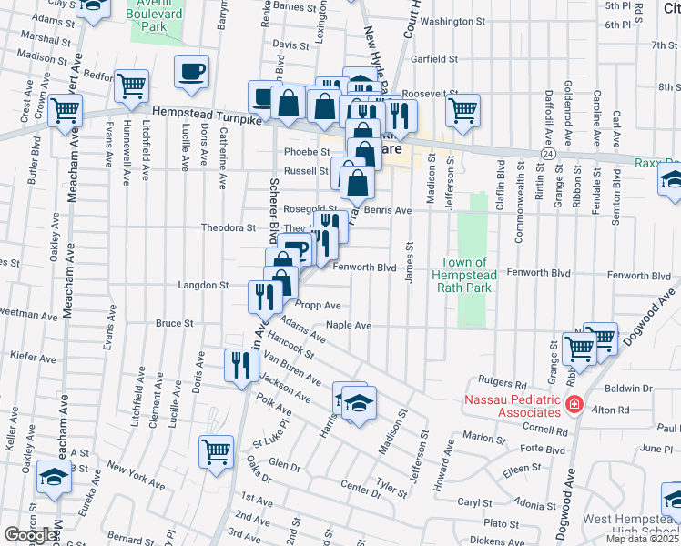 map of restaurants, bars, coffee shops, grocery stores, and more near 197 Franklin Avenue in Franklin Square