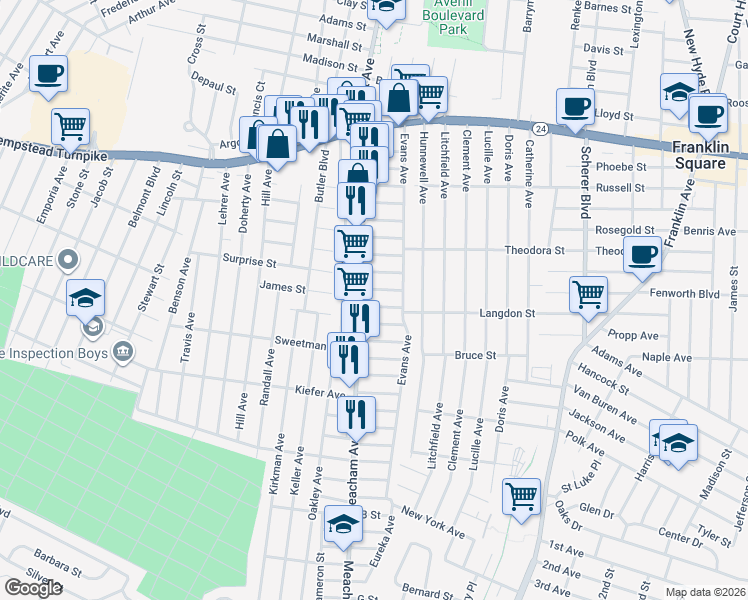 map of restaurants, bars, coffee shops, grocery stores, and more near 210 Meacham Avenue in Elmont