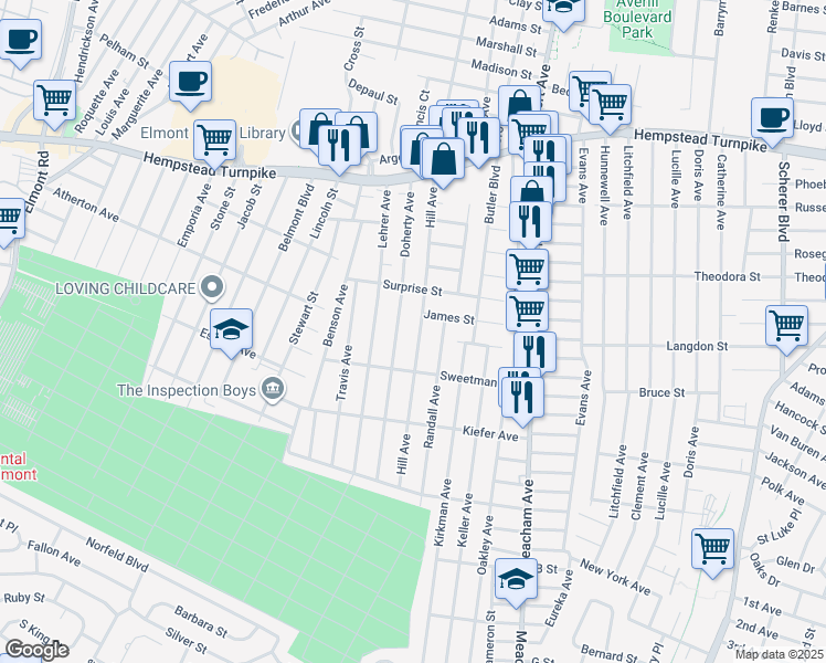 map of restaurants, bars, coffee shops, grocery stores, and more near 221 Hill Avenue in Elmont