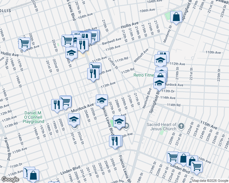 map of restaurants, bars, coffee shops, grocery stores, and more near 113-26 208th Street in Queens