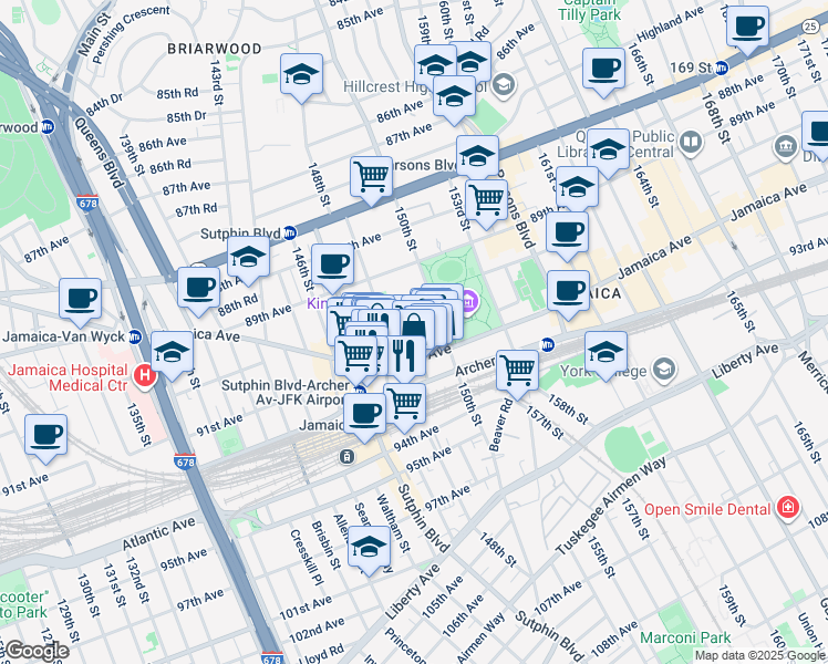 map of restaurants, bars, coffee shops, grocery stores, and more near 148-27 Jamaica Avenue in Queens