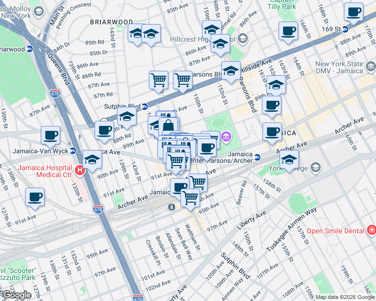 map of restaurants, bars, coffee shops, grocery stores, and more near 90-20 148th Street in Queens