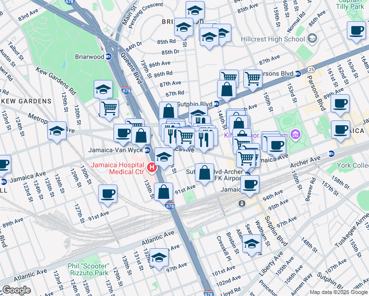 map of restaurants, bars, coffee shops, grocery stores, and more near 138-60 Jamaica Avenue in Queens