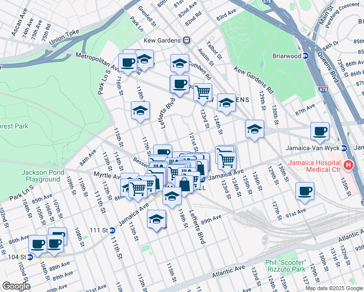 map of restaurants, bars, coffee shops, grocery stores, and more near 85-10 120th Street in Queens