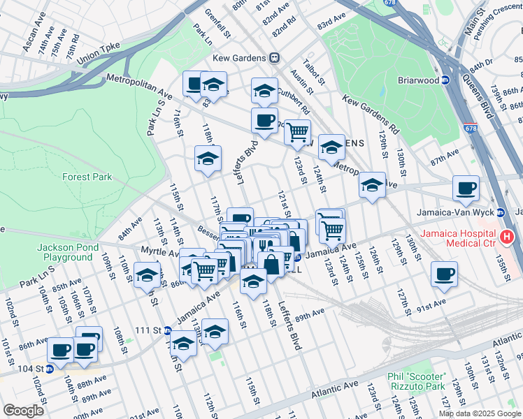 map of restaurants, bars, coffee shops, grocery stores, and more near 85-10 120th Street in Queens