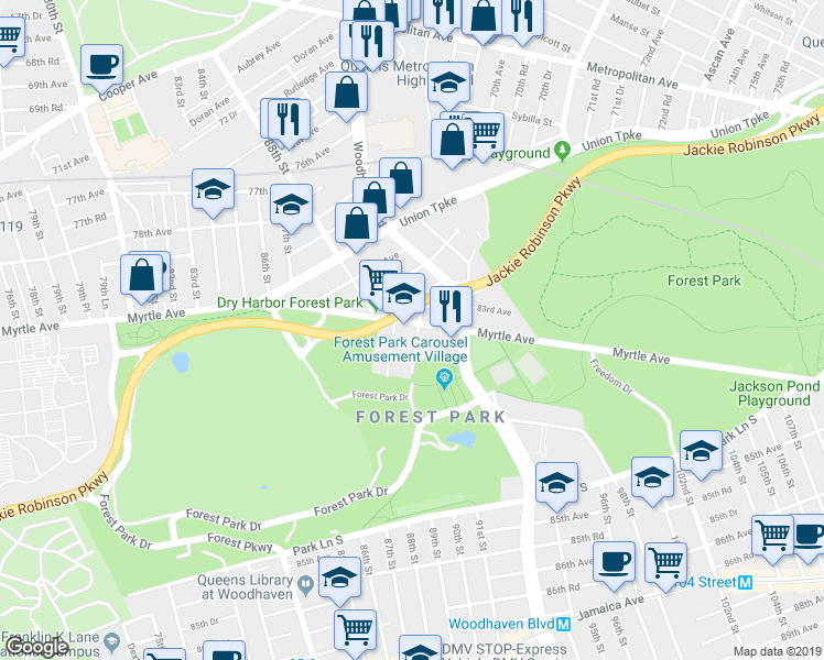 map of restaurants, bars, coffee shops, grocery stores, and more near 88-48 Myrtle Avenue in Queens