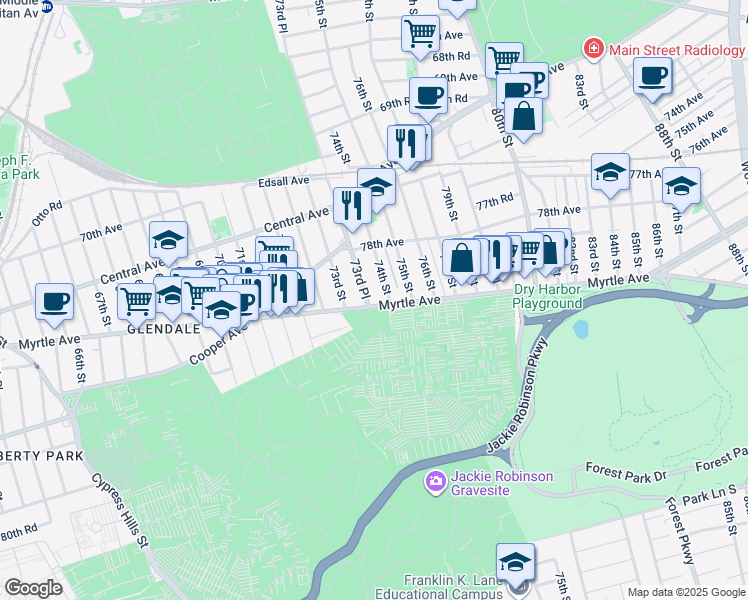 map of restaurants, bars, coffee shops, grocery stores, and more near 73-35 Myrtle Avenue in Queens