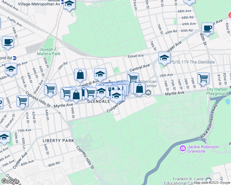 map of restaurants, bars, coffee shops, grocery stores, and more near 71-58 69th Place in Queens