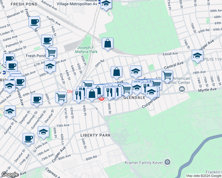 map of restaurants, bars, coffee shops, grocery stores, and more near 71-20 67th Street in Queens