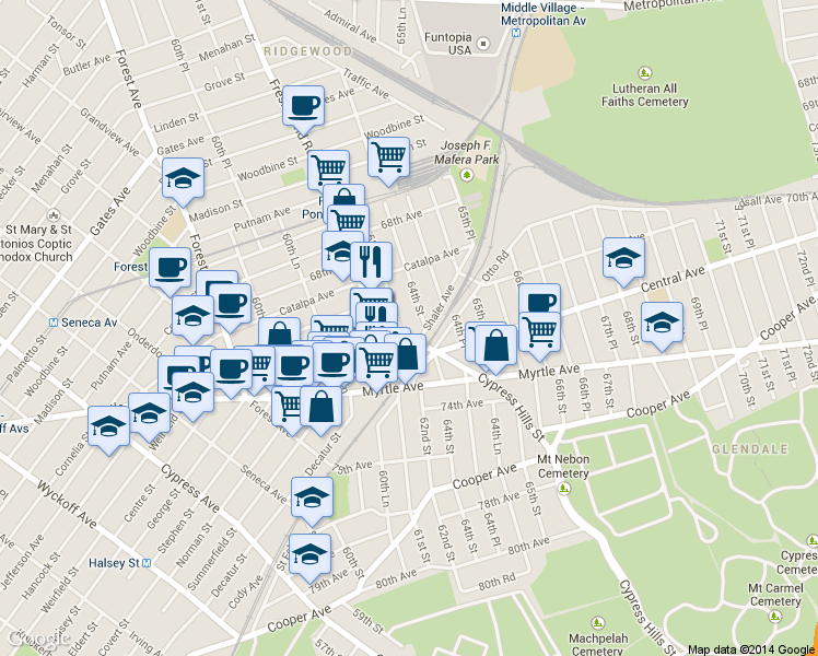 map of restaurants, bars, coffee shops, grocery stores, and more near 70-12 Cypress Hills Street in Queens