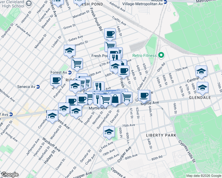 map of restaurants, bars, coffee shops, grocery stores, and more near 60-44 69th Avenue in Queens