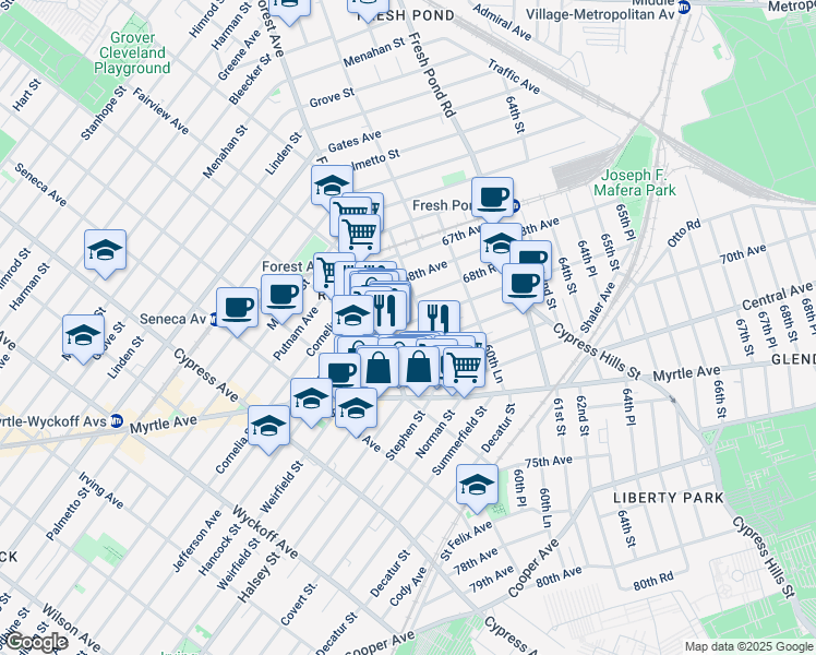 map of restaurants, bars, coffee shops, grocery stores, and more near 68-59 Forest Avenue in Queens