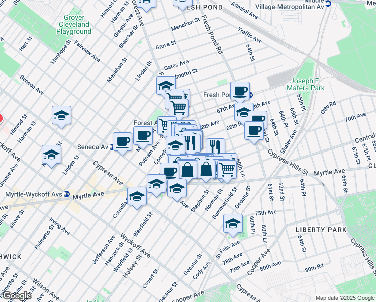 map of restaurants, bars, coffee shops, grocery stores, and more near 68-59 Forest Avenue in Queens