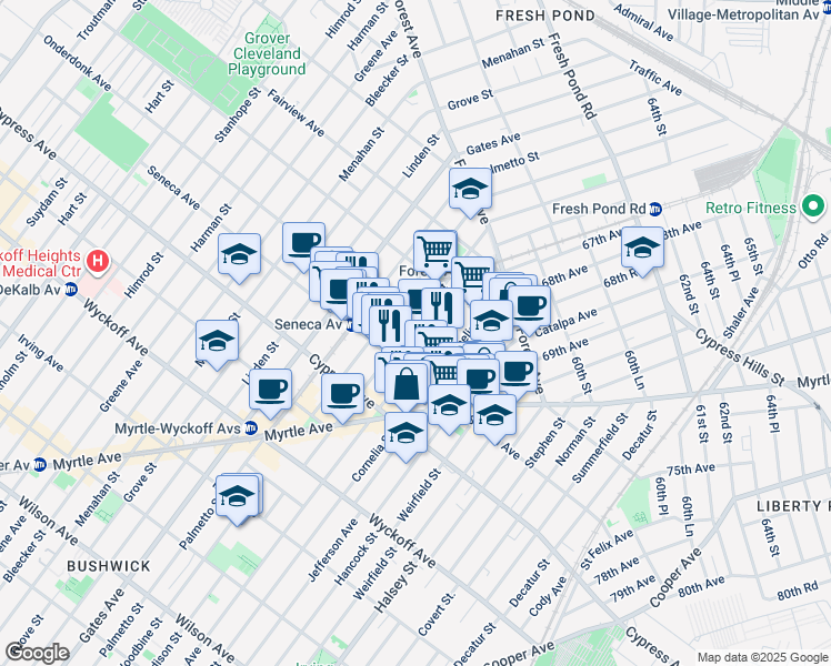 map of restaurants, bars, coffee shops, grocery stores, and more near 792 Onderdonk Avenue in Queens