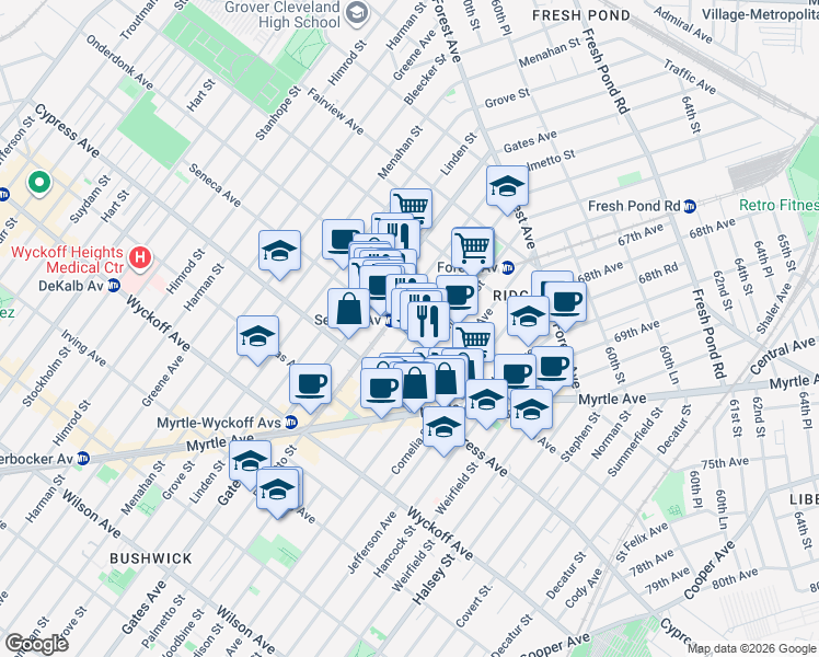 map of restaurants, bars, coffee shops, grocery stores, and more near 18-14 Woodbine Street in Queens