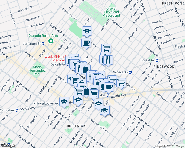 map of restaurants, bars, coffee shops, grocery stores, and more near 397 Bleecker Street in Brooklyn