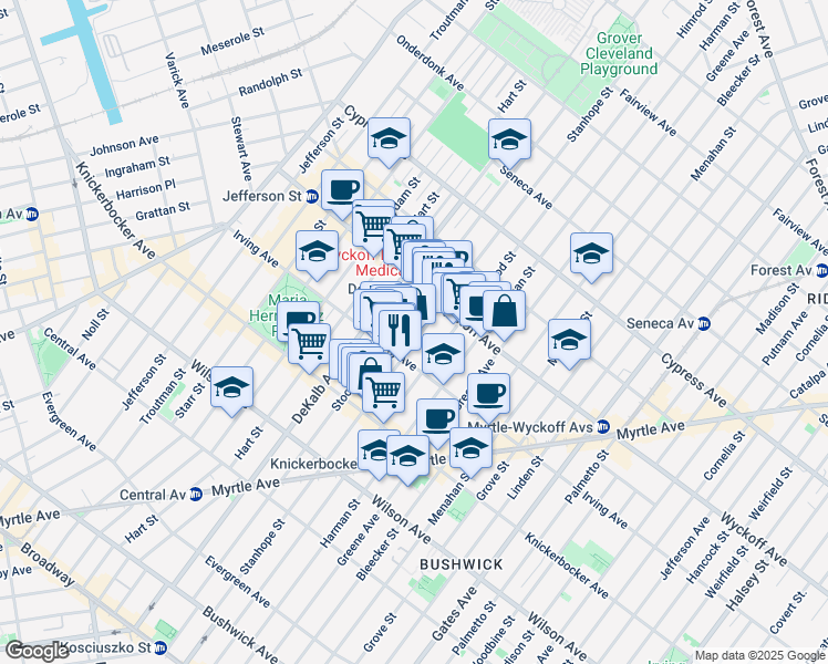 map of restaurants, bars, coffee shops, grocery stores, and more near 300 Stanhope Street in Brooklyn