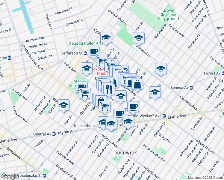 map of restaurants, bars, coffee shops, grocery stores, and more near 300 Stanhope Street in Brooklyn