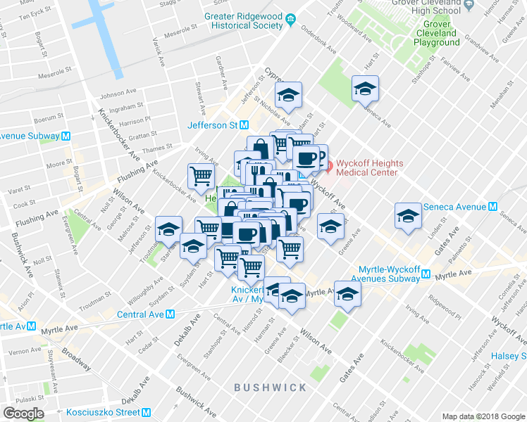 map of restaurants, bars, coffee shops, grocery stores, and more near 1535 Dekalb Avenue in Brooklyn