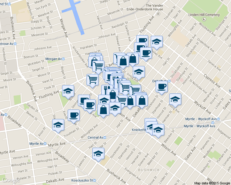 map of restaurants, bars, coffee shops, grocery stores, and more near 101 Starr Street in Brooklyn