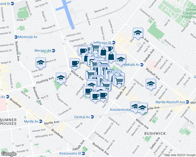 map of restaurants, bars, coffee shops, grocery stores, and more near 244 Knickerbocker Avenue in Brooklyn