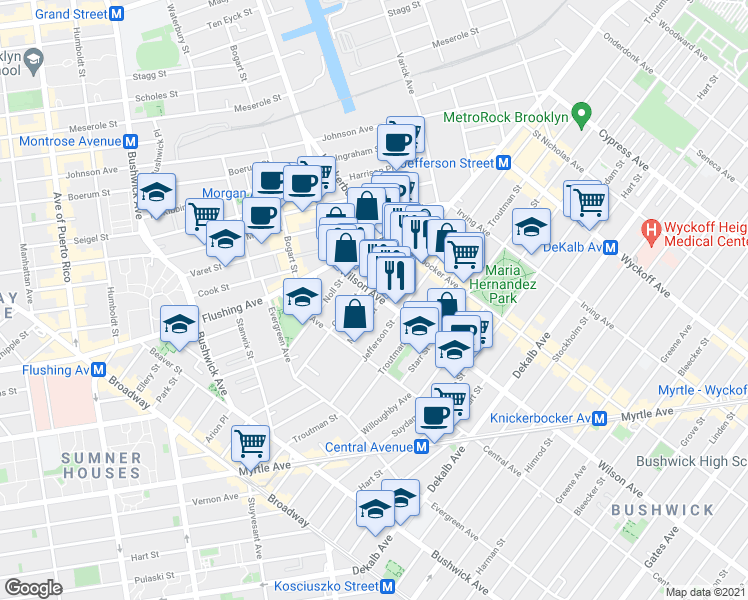 map of restaurants, bars, coffee shops, grocery stores, and more near 55 Wilson Avenue in Brooklyn