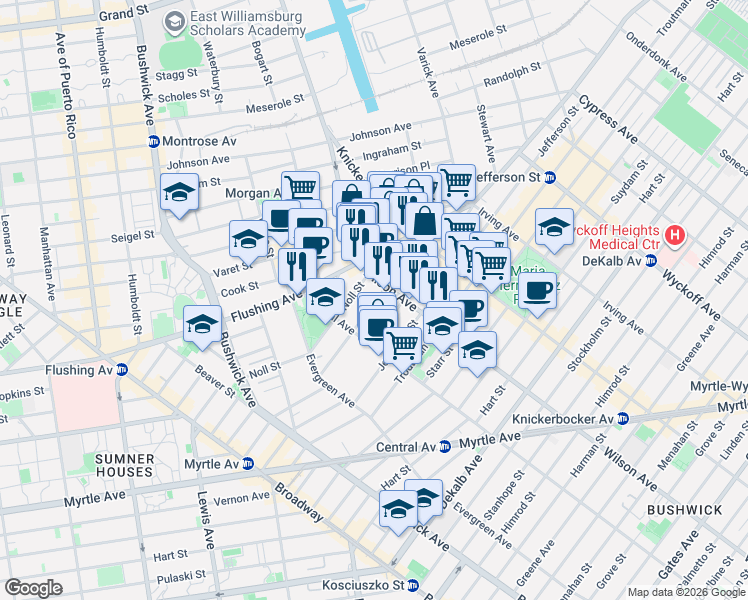 map of restaurants, bars, coffee shops, grocery stores, and more near 85 George Street in Brooklyn