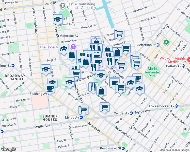 map of restaurants, bars, coffee shops, grocery stores, and more near 942 Flushing Avenue in Brooklyn