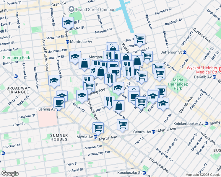 map of restaurants, bars, coffee shops, grocery stores, and more near 942 Flushing Avenue in Brooklyn