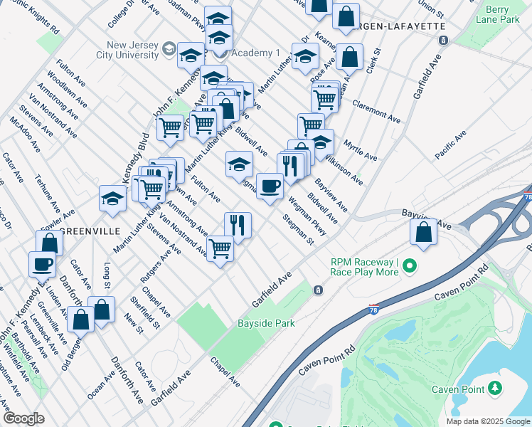 map of restaurants, bars, coffee shops, grocery stores, and more near 78 Dwight Street in Jersey City