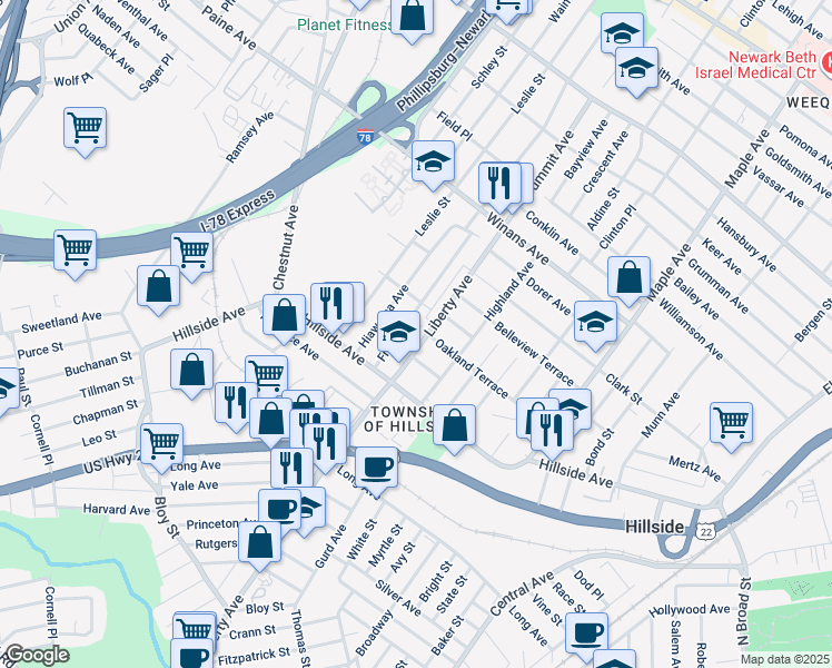 map of restaurants, bars, coffee shops, grocery stores, and more near 1435 Franklin Street in Hillside
