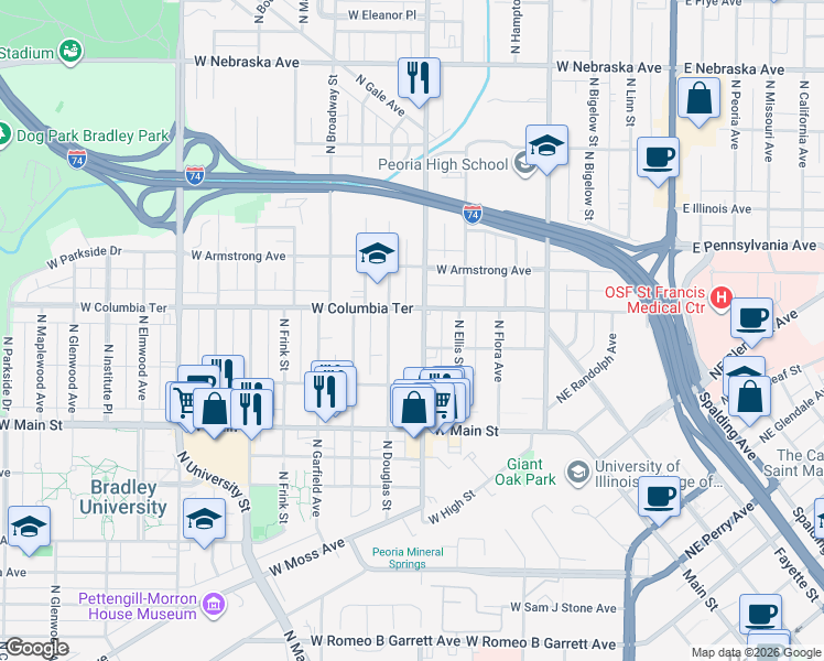 map of restaurants, bars, coffee shops, grocery stores, and more near 1205 North Sheridan Road in Peoria