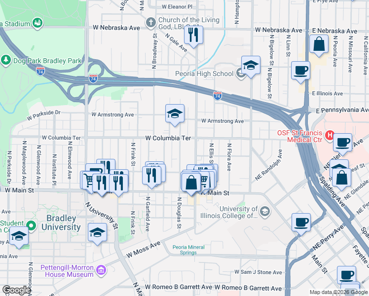 map of restaurants, bars, coffee shops, grocery stores, and more near 1205 North Sheridan Road in Peoria