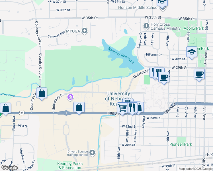 map of restaurants, bars, coffee shops, grocery stores, and more near 1701-1899 University Drive in Kearney