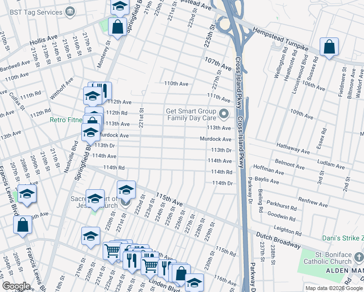 map of restaurants, bars, coffee shops, grocery stores, and more near 223-45 113th Drive in Queens