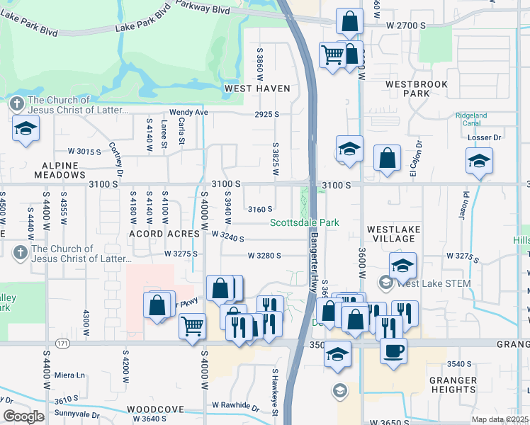 map of restaurants, bars, coffee shops, grocery stores, and more near 3849 3160 South in West Valley City