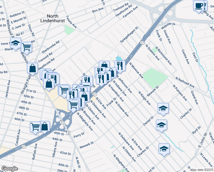 map of restaurants, bars, coffee shops, grocery stores, and more near 840 North Hamilton Avenue in Lindenhurst
