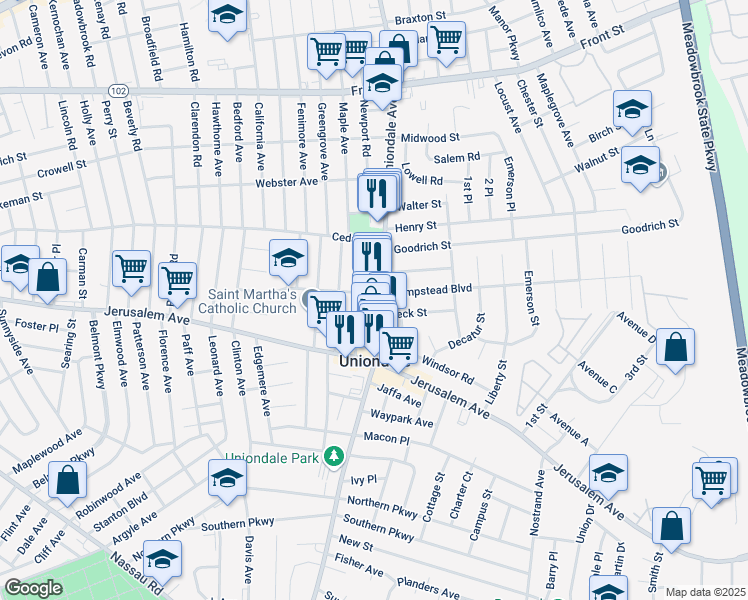 map of restaurants, bars, coffee shops, grocery stores, and more near 510 Uniondale Avenue in Uniondale