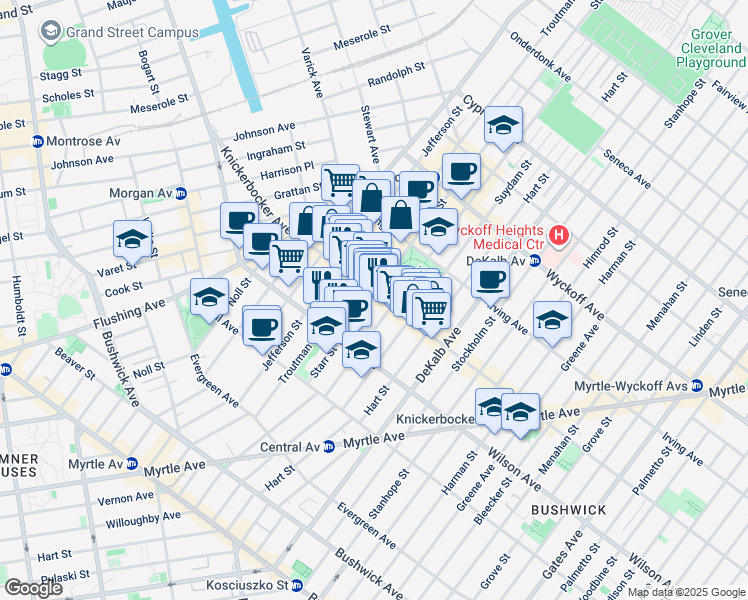 map of restaurants, bars, coffee shops, grocery stores, and more near 242 Knickerbocker Avenue in Brooklyn